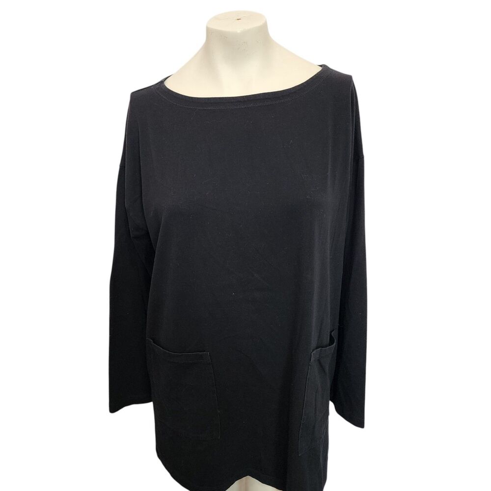 Eileen Fisher Black Tunic Top‎ Small Organic Cotton Stretch Pocket Minimalist